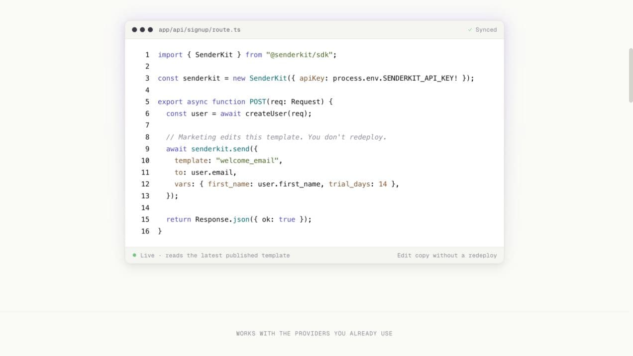 SenderKit type-safe SDK sending a welcome email from an application route